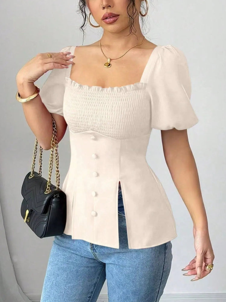 Smocked Square Neck Short Sleeve Blouse