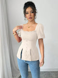 Smocked Square Neck Short Sleeve Blouse