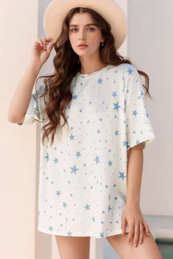 Stars Print Drop Shoulder Oversized T Shirt with Slits
