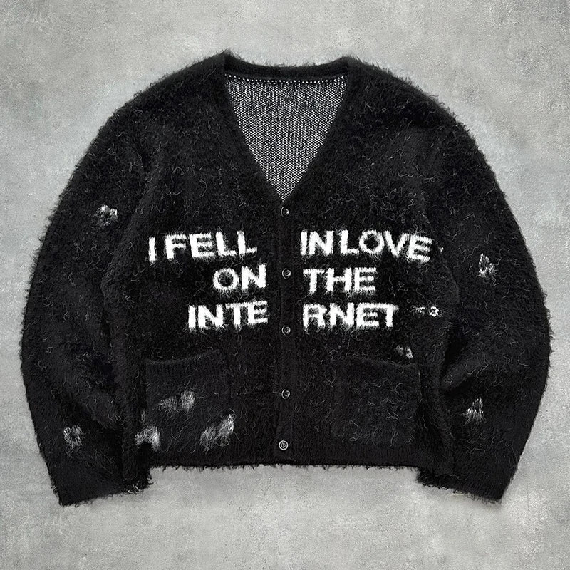 Streetwear Style Knitted V - Neck Sweater - Harajuku Lettering Black Cardigan - In Control Clothing