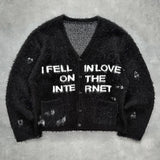 Streetwear Style Knitted V - Neck Sweater - Harajuku Lettering Black Cardigan - In Control Clothing