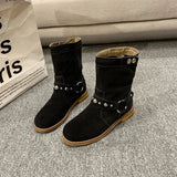 Studded Suede Mid - Calf Harness Boots