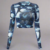 Stylish Y2K Blue Swirl Pattern Long Sleeve Slim Tee - In Control Clothing