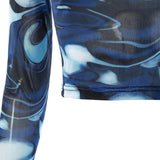 Stylish Y2K Blue Swirl Pattern Long Sleeve Slim Tee - In Control Clothing