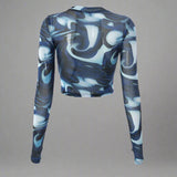 Stylish Y2K Blue Swirl Pattern Long Sleeve Slim Tee - In Control Clothing