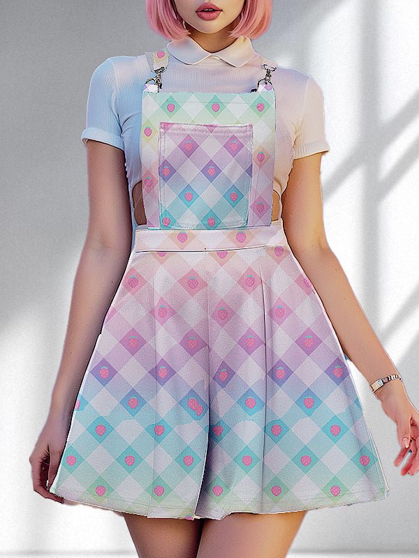 Sweet Kawaii Strawberry Plaid Overall Dress – Pastel Fashion