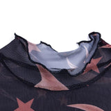 Trendy Sheer Ruffle Tee with Celestial Moon and Star Print - In Control Clothing