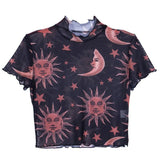 Trendy Sheer Ruffle Tee with Celestial Moon and Star Print - In Control Clothing