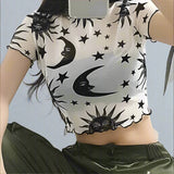 Trendy Sheer Ruffle Tee with Celestial Moon and Star Print - In Control Clothing