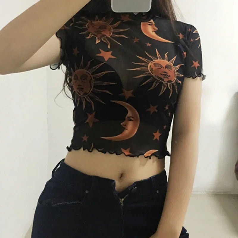 Trendy Sheer Ruffle Tee with Celestial Moon and Star Print - In Control Clothing