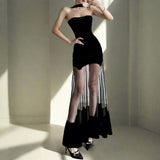 Velvet Sheer Elegant Halter Black Maxi Dress - In Control Clothing