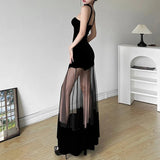 Velvet Sheer Elegant Halter Black Maxi Dress - In Control Clothing