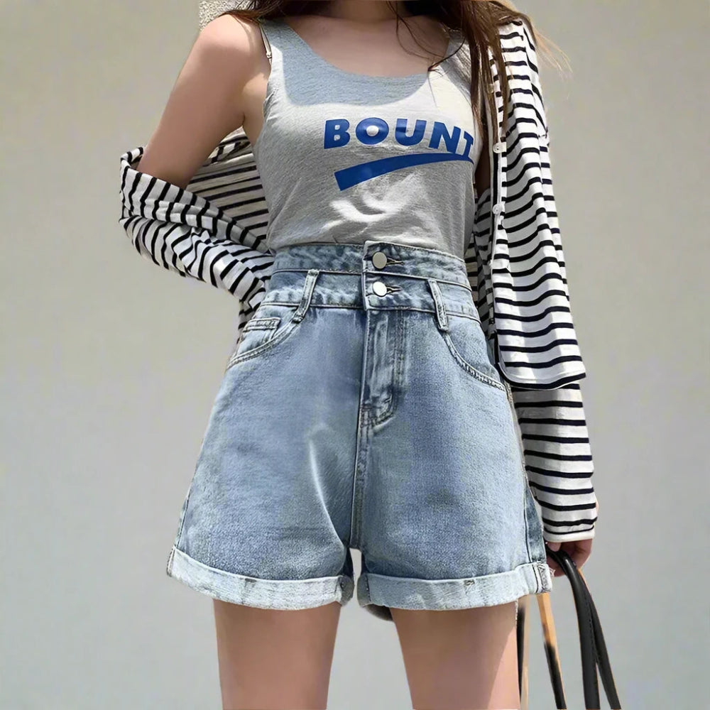 Vintage Double Button High Waisted Denim Shorts - In Control Clothing