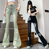 Vintage Floral High - Waist Skinny Flare Jeans - Retro Inspired - In Control Clothing