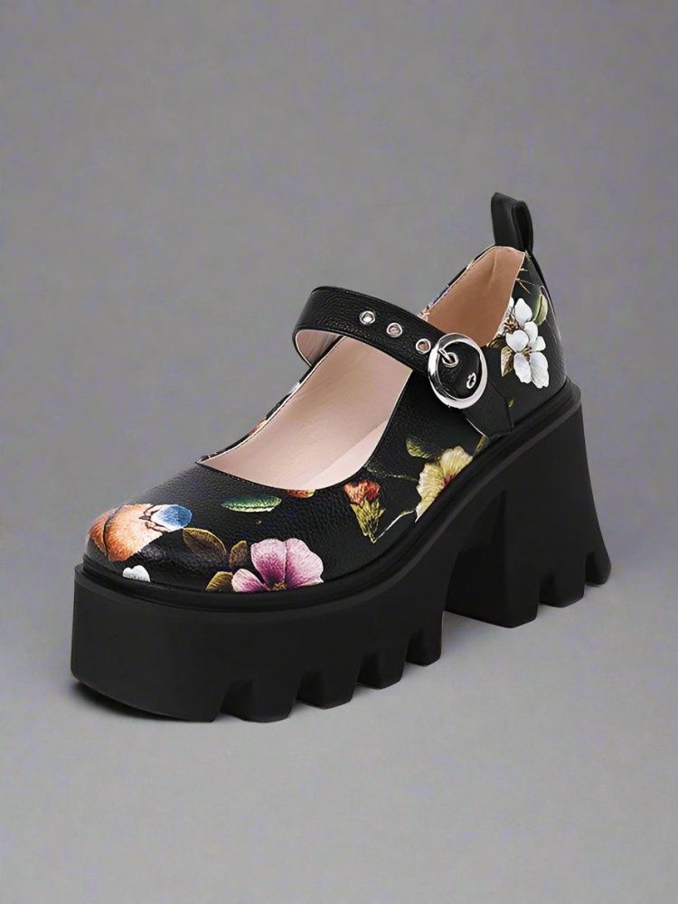 Vintage Floral Print Platform Mary Jane Women Shoes - In Control Clothing