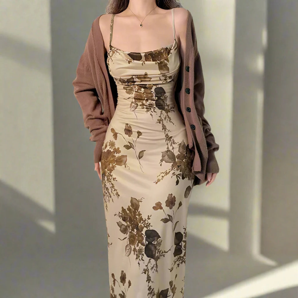 Vintage - Inspired Floral Bodycon Spaghetti Strap Dress in Beige - In Control Clothing