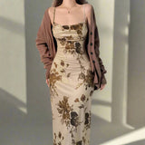 Vintage - Inspired Floral Bodycon Spaghetti Strap Dress in Beige - In Control Clothing