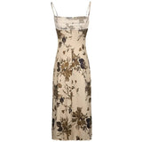 Vintage - Inspired Floral Bodycon Spaghetti Strap Dress in Beige - In Control Clothing