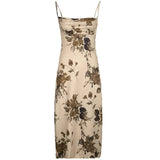 Vintage - Inspired Floral Bodycon Spaghetti Strap Dress in Beige - In Control Clothing