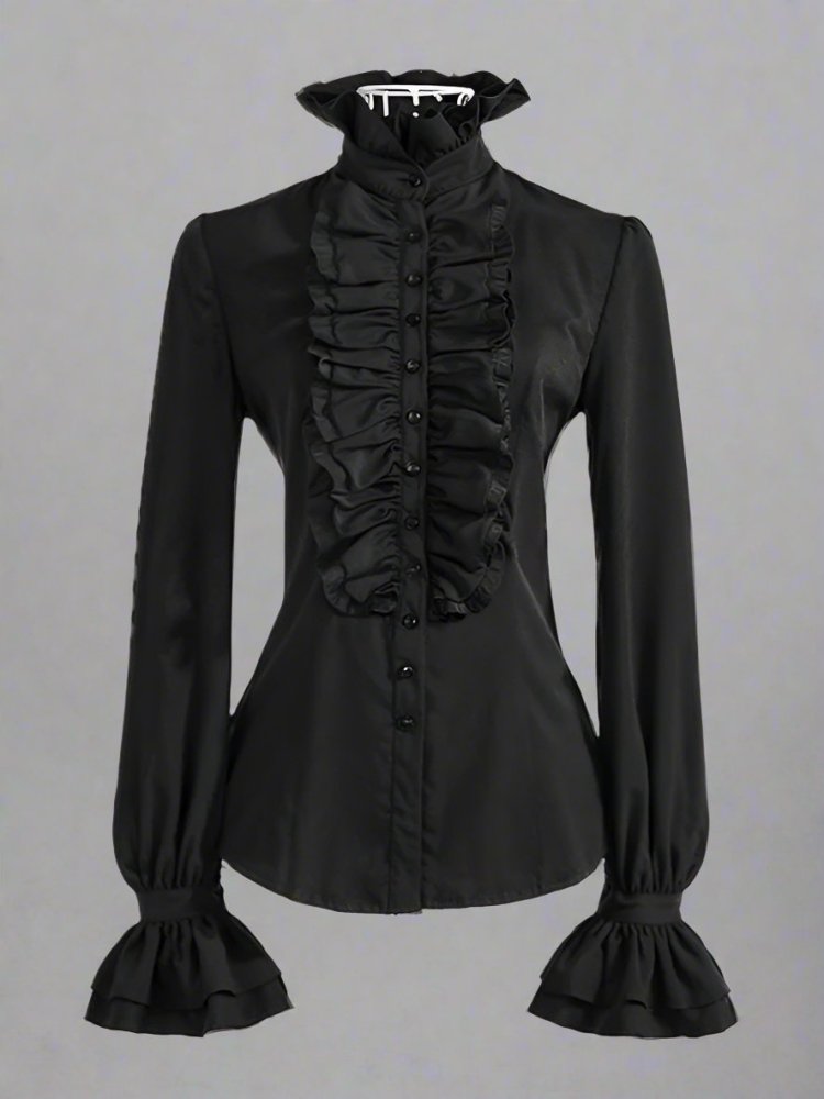 Visual Kei Formal Black Ruffled Collar Long Sleeve Blouse - In Control Clothing
