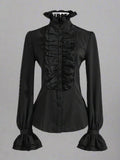 Visual Kei Formal Black Ruffled Collar Long Sleeve Blouse - In Control Clothing