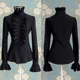 Visual Kei Formal Black Ruffled Collar Long Sleeve Blouse - In Control Clothing