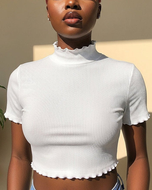 White Mock Neck Rib Crop Top
