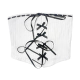 White Ribbed Crop Top with Unique Black Ties - In Control Clothing