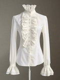 White Vintage High Neck Ruffle Long Sleeve Shirt - In Control Clothing