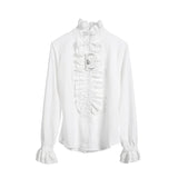 White Vintage High Neck Ruffle Long Sleeve Shirt - In Control Clothing