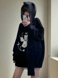 Women’s Black Fuzzy Oversized Harajuku Knit Sweater - In Control Clothing