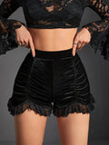 Womens Black Velvet Ruched Shorts - In Control Clothing