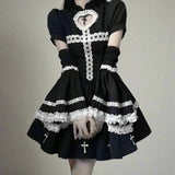 Women's Harajuku Gothic Kawaii Dress - Hollow Out Lace Trim, Gothic Aesthetic Cosplay - In Control Clothing