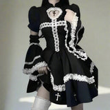 Women's Harajuku Gothic Kawaii Dress - Hollow Out Lace Trim, Gothic Aesthetic Cosplay - In Control Clothing