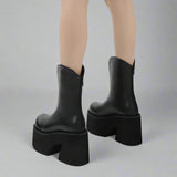 Women's Mid - Calf Platform Chelsea Boots with Chunky Heel - Black - In Control Clothing