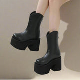 Women's Mid - Calf Platform Chelsea Boots with Chunky Heel - Black - In Control Clothing