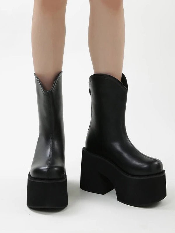 Women's Mid - Calf Platform Chelsea Boots with Chunky Heel - Black - In Control Clothing