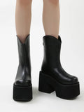 Women's Mid - Calf Platform Chelsea Boots with Chunky Heel - Black - In Control Clothing