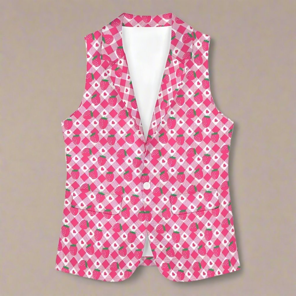 Womens Pink Strawberry Sleeveless Blazer Vest - In Control Clothing