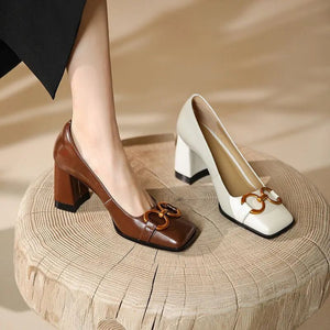 Womens Square Toe Block Heels Pumps