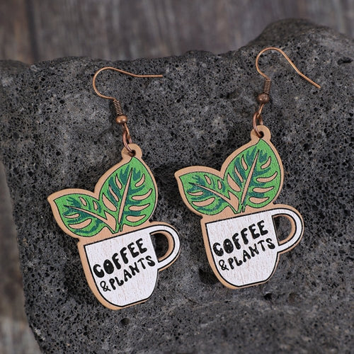 Wooden Alloy Dangle Plant Earrings