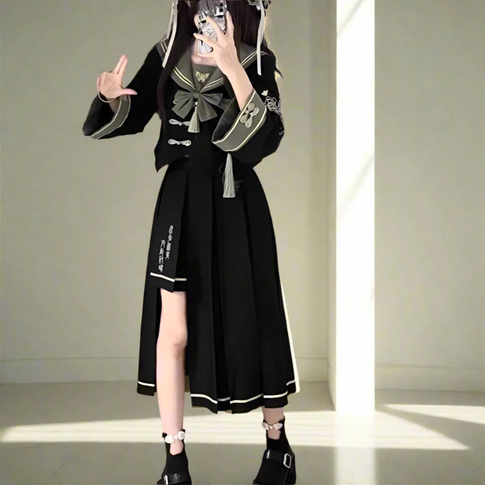 Y2K Gothic Uniform | Dark Academia Women's Pleated Skirt and Sailor Top - In Control Clothing