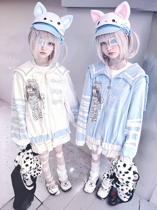 Y2K Japanese Gothic Sweatshirt - Anime Print, Sailor Collar Zip Jacket - In Control Clothing