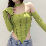 Y2K Ribbed Halter Top with Trendy Off - Shoulder Sleeve - In Control Clothing