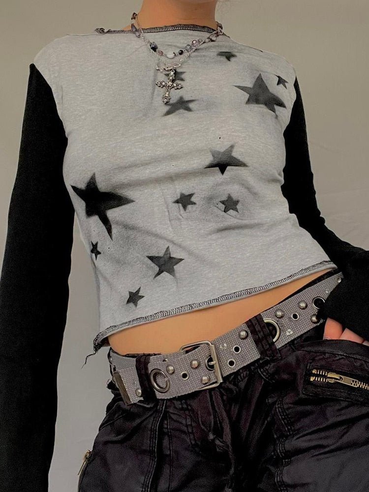 Y2K Star Graphic Print Vintage Crop Top - In Control Clothing