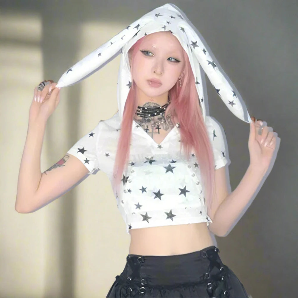 Y2K Star Print Hooded Crop Tee - Short Sleeve Summer Top - In Control Clothing