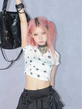 Y2K Star Print Hooded Crop Tee - Short Sleeve Summer Top - In Control Clothing