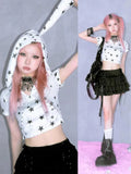 Y2K Star Print Hooded Crop Tee - Short Sleeve Summer Top - In Control Clothing