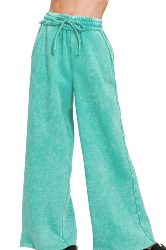 Zenana Acid Wash Fleece Palazzo Sweatpants with Pockets
