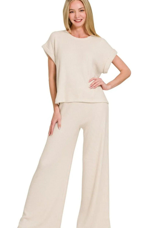 Zenana Rolled Sleeve Top and Pants Sweater Set